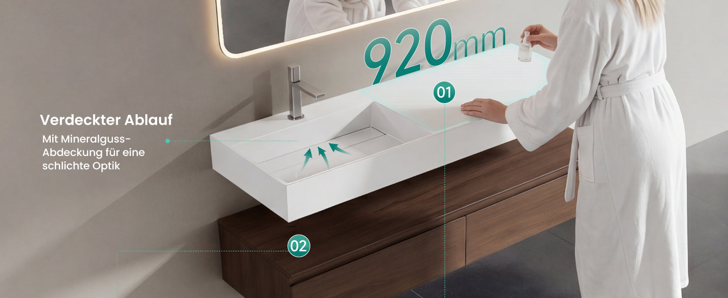 glasvilla Mobile Bagno Sospeso 150x48x25cm con Cassetti a Chiusura Soft-Close Mobile da Bagno con Lavabo da Marmo Fuso UP
