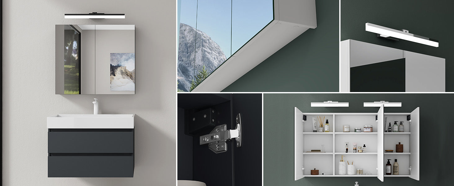 Meuble de salle de bain Glasvilla avec miroir et éclairage, meuble de salle de bain avec lampe miroir, éclairage miroir rotatif à 180°, lampe de salle de bain LED Luxaris