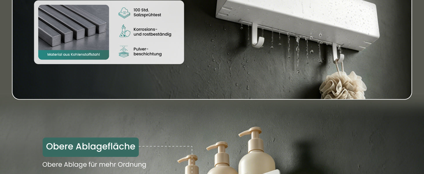 glasvilla Duschablage ohne Bohren mit 2 Schiebehaken,  Reglo-18 40cm | Duschregal ohne Bohren oder mit Bohren, Ablaufdesign Badezimmer Organizer, Metall, Shampoo Halterung für Dusche, Bad & Küche