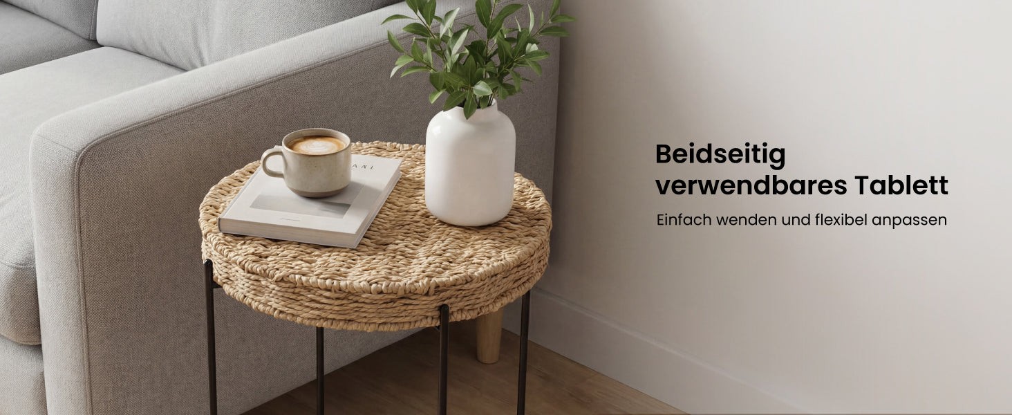 glasvilla Beistelltisch rund , Couchtisch klein mit abnehmbarem Tablett aus Papierkordel, Sofatisch für Wohnzimmer, Schlafzimmer und Balkon,  Reglo-08
