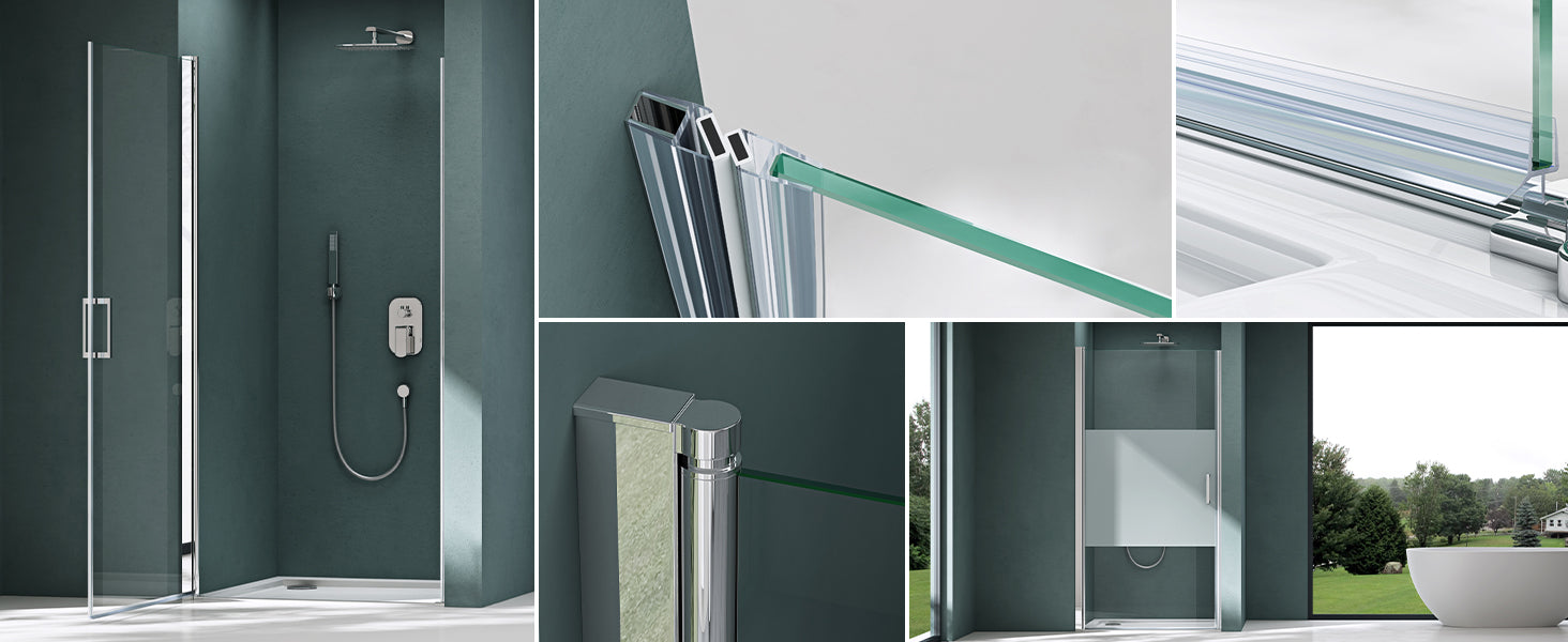 glasvilla Duschtür Nischentür Dusche Duschabtrennung Duschkabine Schwingtür 180° ESG-Sicherheitsglas mit Hebe- und Senkmechanismus Klarglas und Satiniert Streifen Teramo24K+MS D Neu