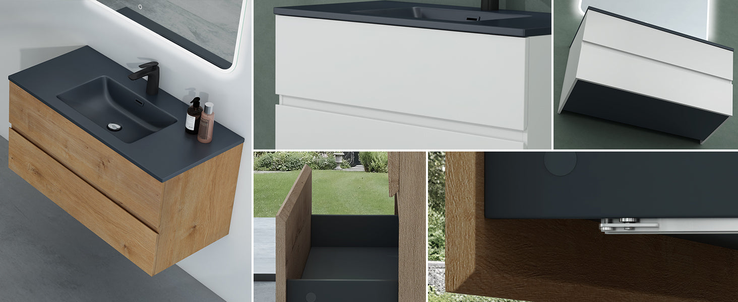 glasvilla Ensemble de Meubles de Salle de Bain | Meuble Sous-Vasque avec Meuble Bas | Vasque en Solid Surface Anthracite | 2 Tiroirs à Fermeture Amortie Aqualis