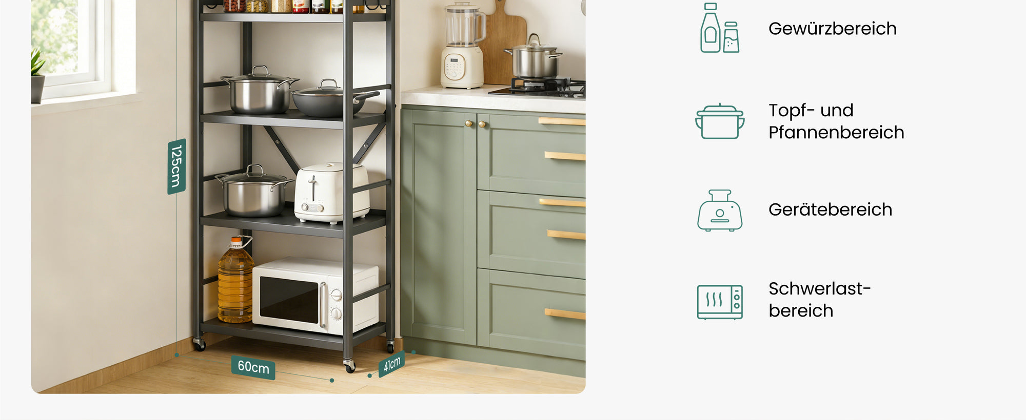 Glasvilla Scaffale da Cucina a 4 Ripiani con Ruote, Carrello da Cucina in Metallo Pieghevole, 4 Ganci Laterali, Portaoggetti per Condimenti, Pentole e Elettrodomestici, Grigio, 60x41x125cm, Reglo-13