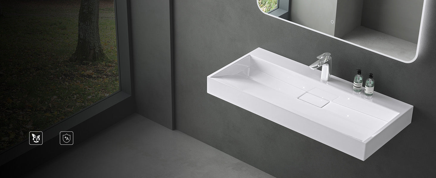 glasvilla Waschbecken Aufsatzwaschbecken Hängewaschbecken Hängewaschtisch inkl. Ablaufgarnitur Mineralguss Rechteckig Waschplatz col19