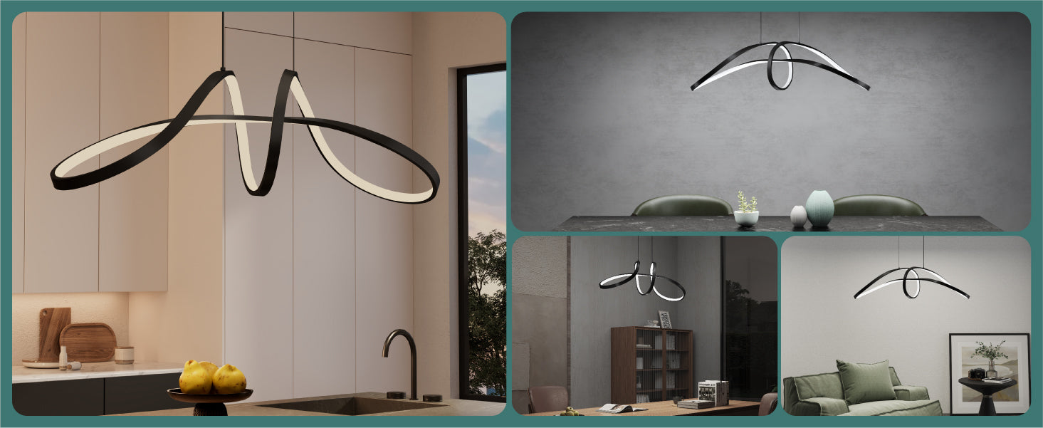 Glasvilla Design – Lámpara colgante LED 90 cm negra con diseño ondulado, regulable 3000K–6000K (30W)