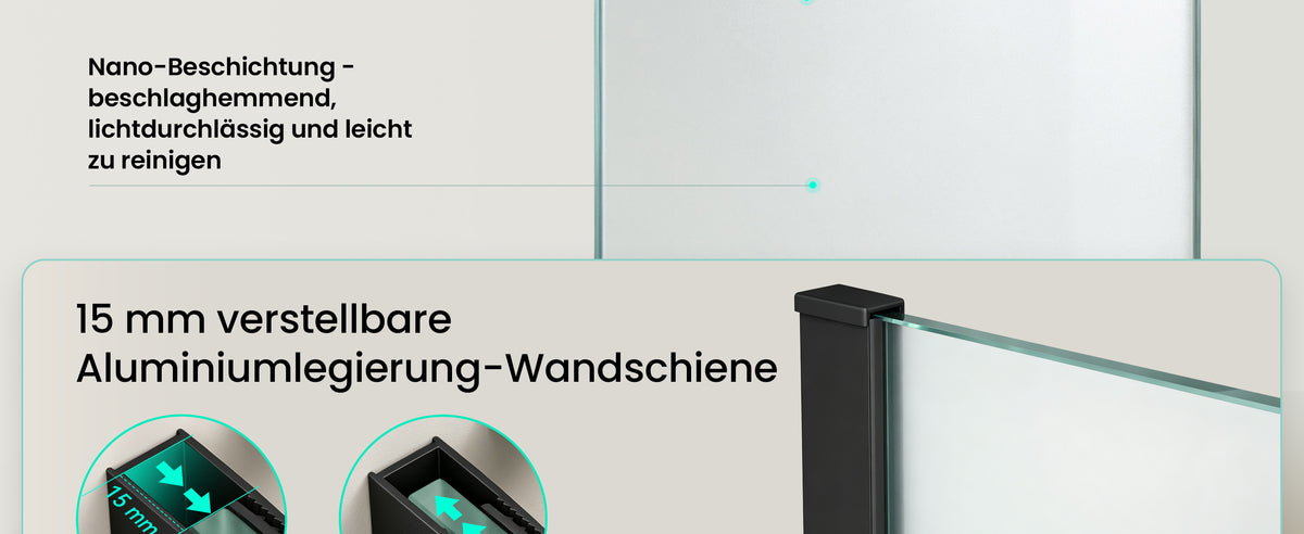 glasvilla Duschwand für Dusche Duschabtrennung Walk-In Dusche Duschtrennwand Schwarz 10mm ESG-Sicherheitsglas NANO Glas Vollsatiniert BRAM1/BRAM3 Bremen02VS