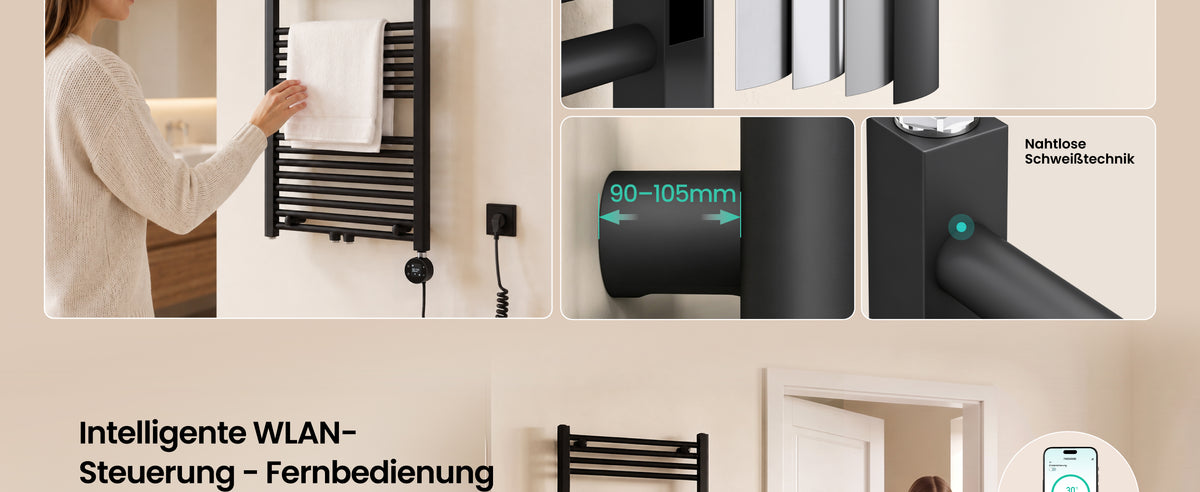 glasvilla Badheizkörper mit Heizstab  Badheizung  Handtuchheizkörper elektrisch mit App-Steuerung, Thermostat & Timer-Funktion, Röhrenheizkörper Seitenanschluss