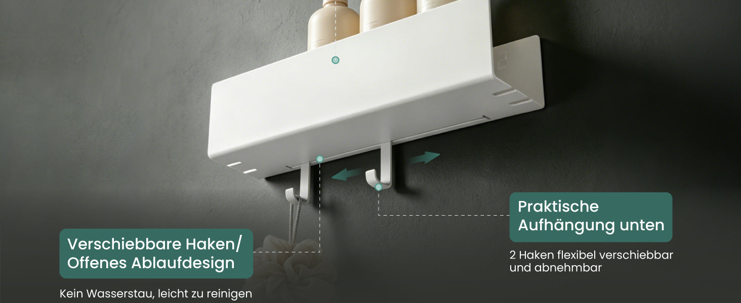 glasvilla Duschablage ohne Bohren mit 2 Schiebehaken,  Reglo-18 40cm | Duschregal ohne Bohren oder mit Bohren, Ablaufdesign Badezimmer Organizer, Metall, Shampoo Halterung für Dusche, Bad & Küche