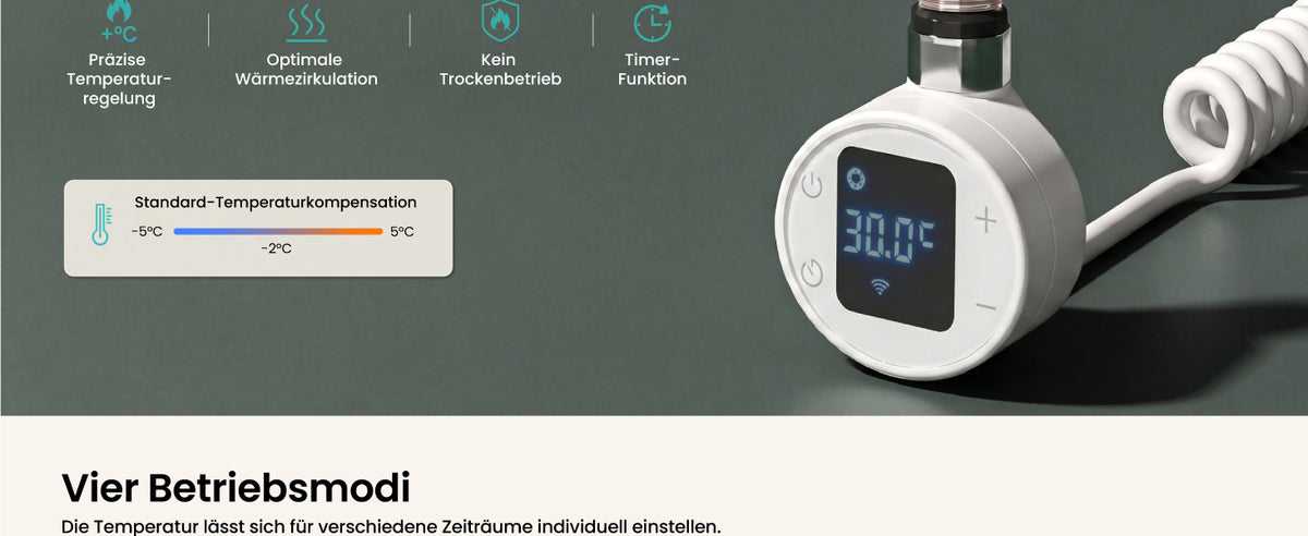 glasvilla Smart WiFi Heizstab für Badheizkörper, Heizelement  Elektrischer Heizstab mit App-Steuerung, Thermostat & Timer-Funktion, Heizpatrone für Handtuchheizkörper Heizstab-03
