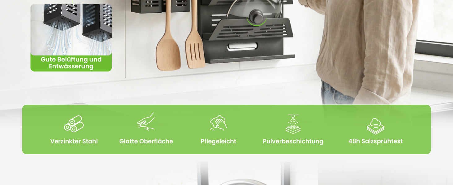 glasvilla -Stöckiges Gewürzregal Küche mit Handyhalter und Utensilientöpfe inkl. 5 Haken, Multifunktional Küchenregal abnehmbar mit Schiene , Küchen Organizer Reglo-09-12