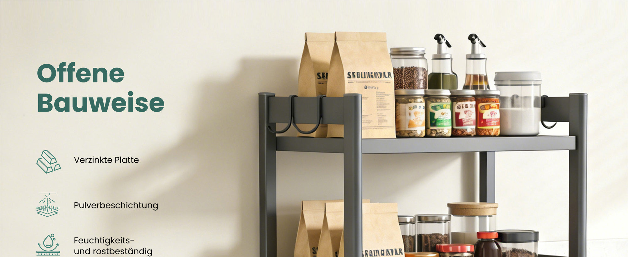 Glasvilla Scaffale da Cucina a 4 Ripiani con Ruote, Carrello da Cucina in Metallo Pieghevole, 4 Ganci Laterali, Portaoggetti per Condimenti, Pentole e Elettrodomestici, Grigio, 60x41x125cm, Reglo-13