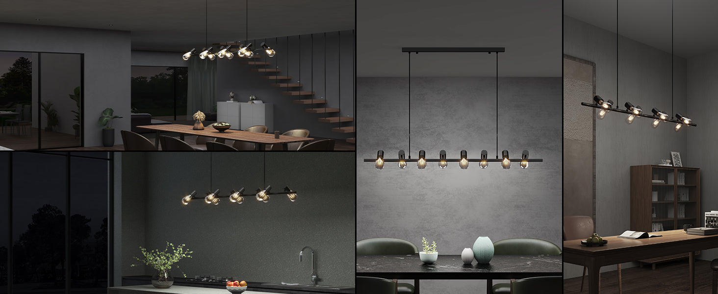 Glasvilla Design – Lámpara colgante LED negra 120 cm con 8 luces E27, cable ajustable (4000K)