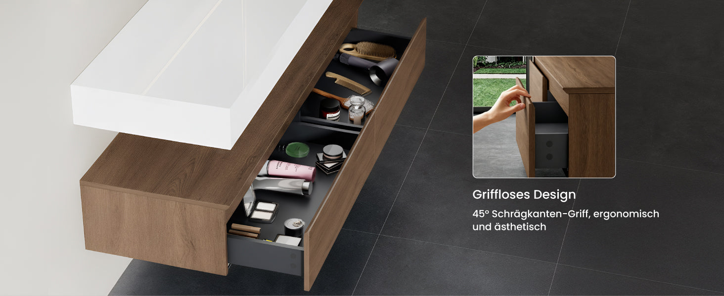 glasvilla Mobile Bagno Sospeso 150x48x25cm con Cassetti a Chiusura Soft-Close Mobile da Bagno con Lavabo da Marmo Fuso UP