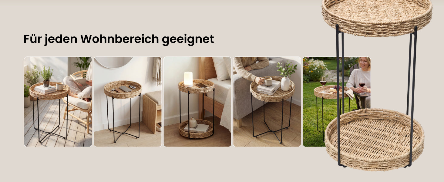 glasvilla Beistelltisch rund , Couchtisch klein mit abnehmbarem Tablett aus Papierkordel, Sofatisch für Wohnzimmer, Schlafzimmer und Balkon,  Reglo-08