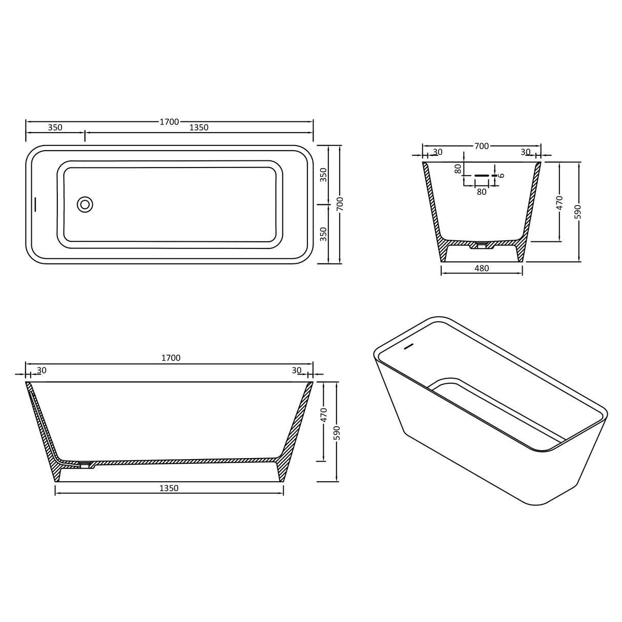 glasvilla Vasca da Bagno Freestanding, Vasca da Bagno in Marmo Fuso con Rivestimento Nano, Bianca Opaca